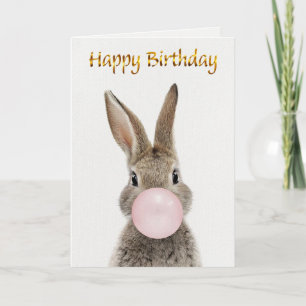 Rabbit Blowing Pink Bubble gum Happy Birthday Card