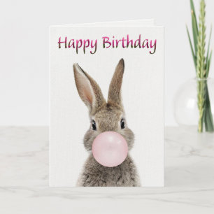 Rabbit Blowing Pink Bubble gum Happy Birthday Card