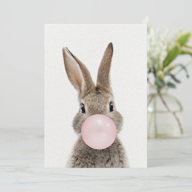 Rabbit Blowing Pink Bubble gum    Invitation (Standing Front)