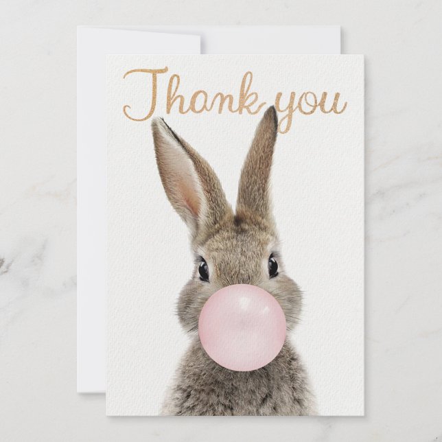Rabbit Blowing Pink Bubble gum Thank You Card (Front)