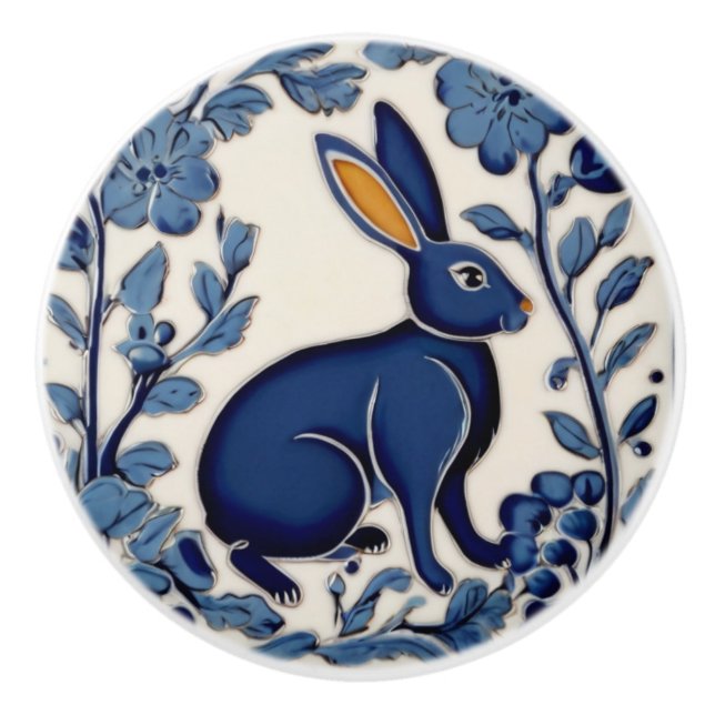 Rabbit Blue and White Folk Art Ceramic Knob (Front)