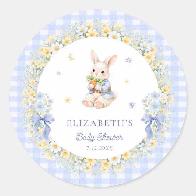 Rabbit Blue Gingham Baby Shower Thank You Classic Round Sticker (Front)