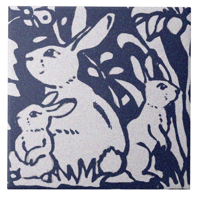 Rabbit Blue Grey Granite Stone Woodland Animal Art Ceramic Tile (Front)