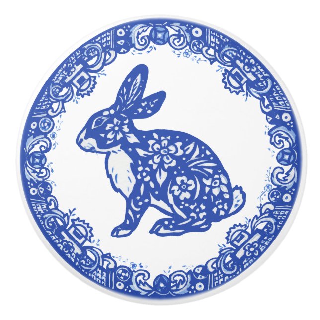 Rabbit Blue Willow Design Cute Bunny Faces Left Ceramic Knob (Front)