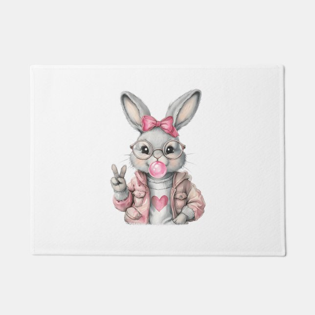 Rabbit Bunny Blowing Bubble Gum Easter Day Cute Gi Doormat (Front)