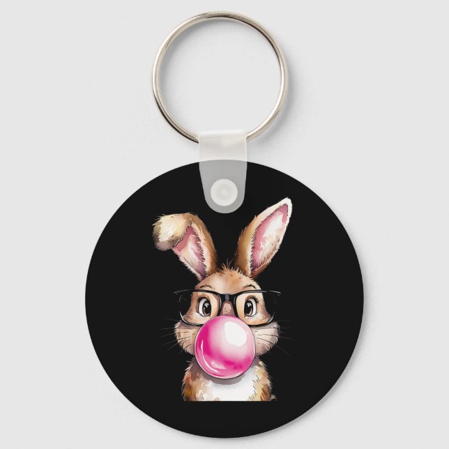 Rabbit Bunny Blowing Bubble Gum Easter Day Pink Wo Key Ring (Front)