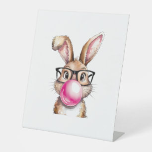 Rabbit Bunny Blowing Bubble Gum Easter Day Pink Wo Pedestal Sign