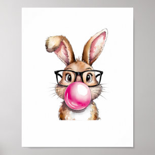 Rabbit Bunny Blowing Bubble Gum Easter Day Pink Wo Poster