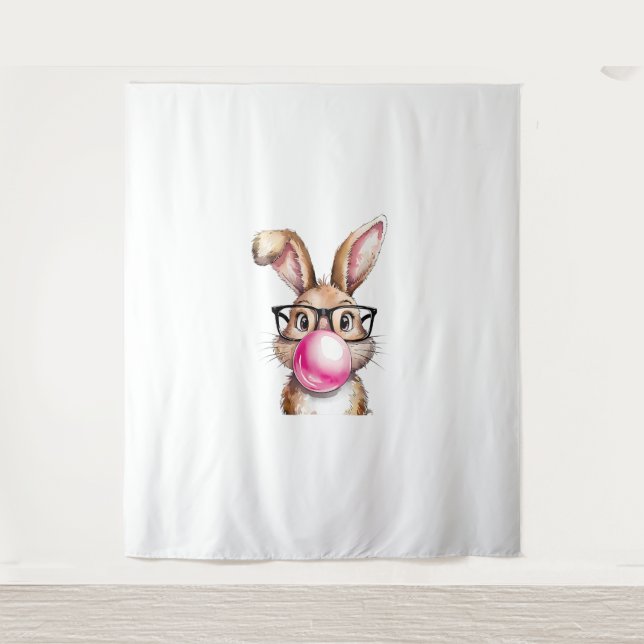 Rabbit Bunny Blowing Bubble Gum Easter Day Pink Wo Tapestry (Front)