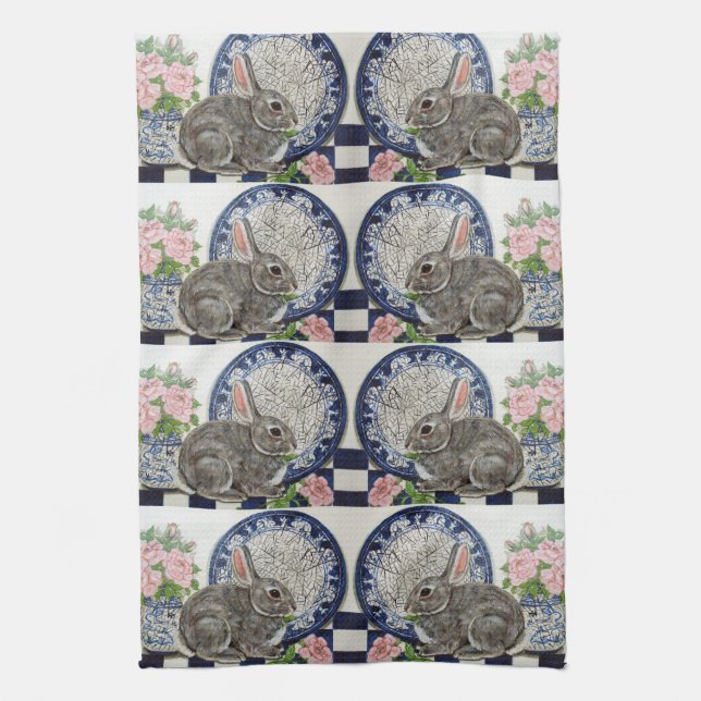 Rabbit Bunny Dedham Delft Farmhouse Rustic Cute Tea Towel (Vertical)