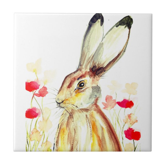 Rabbit Bunny Hare Floral Animal Wildlife Cute Ceramic Tile (Front)