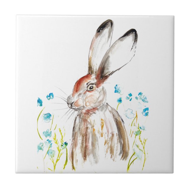Rabbit Bunny Hare Floral Animal Wildlife Cute Ceramic Tile (Front)