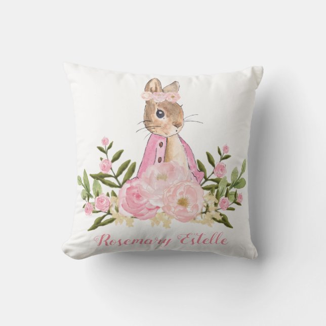 Rabbit Bunny Pink Floral Baby Girl Nursery Decor Cushion (Front)