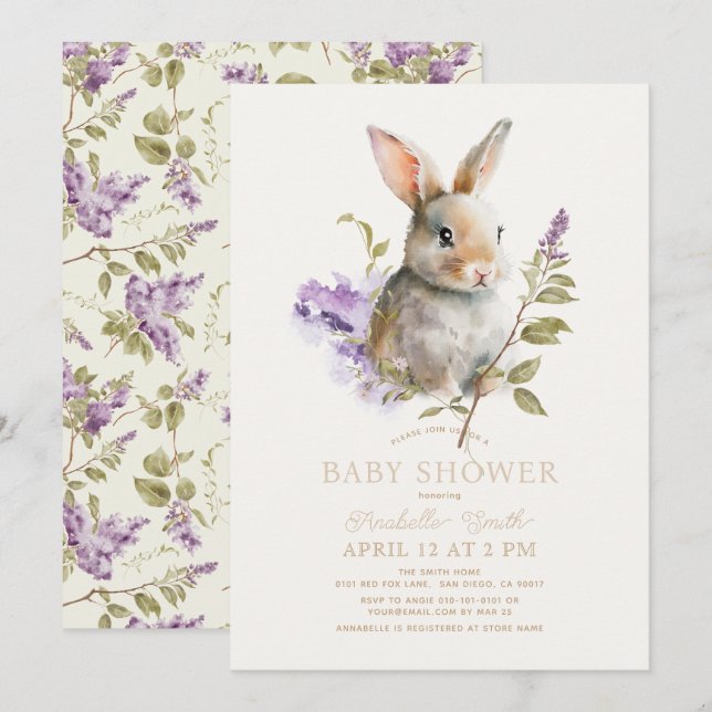 Rabbit Bunny Purple Lilac Floral Baby Shower Invitation (Front/Back)