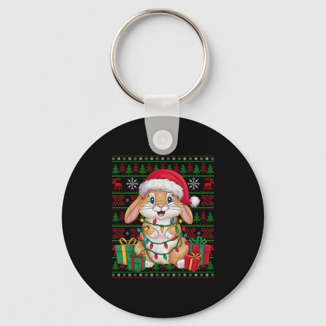 Rabbit Bunny Xmas Lights Ugly Santa Hat Bunny Chri Key Ring (Front)