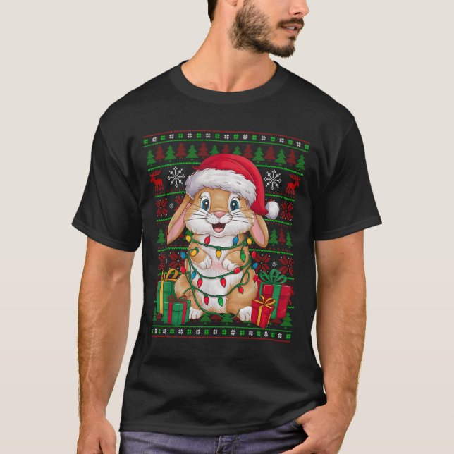 Rabbit Bunny Xmas Lights Ugly Santa Hat Bunny Chri T-Shirt (Front)