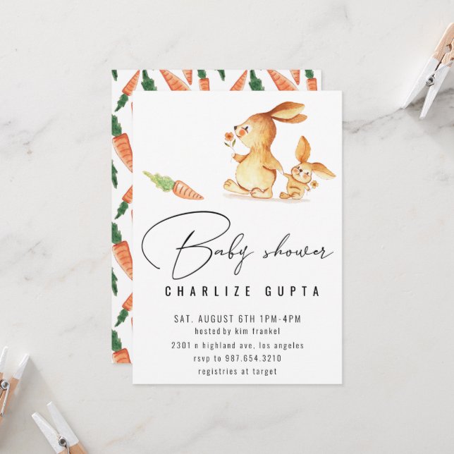 Rabbit carrot flower Baby Shower Invite girl pink (Front/Back In Situ)