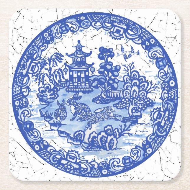 Rabbit Chinoiserie Blue White Willow Unique Square Paper Coaster (Front)