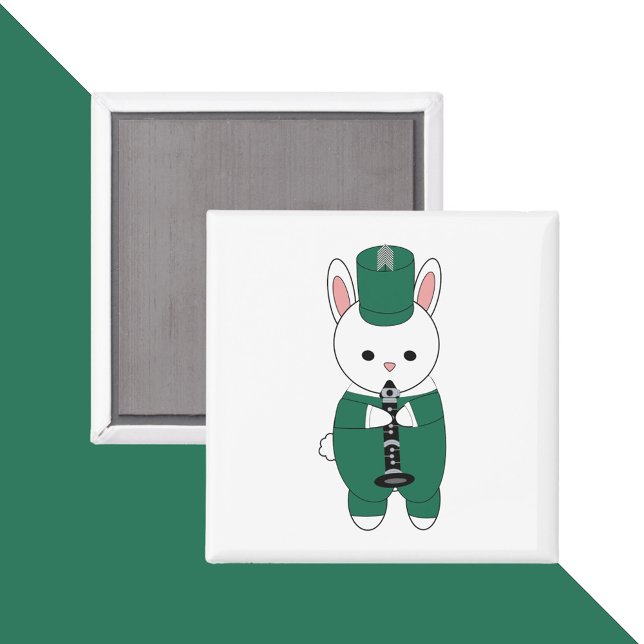 Rabbit Clarinet Marching Band Green White Magnet (A magnet with a bunny rabbit playing the clarinet and wearing a green & white marching band uniform.)