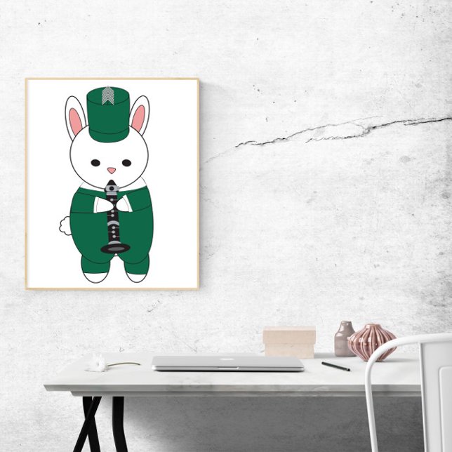 Rabbit Clarinet Marching Band Green White Poster (A poster of a rabbit playing the clarinet in a green and white marching band uniform.)