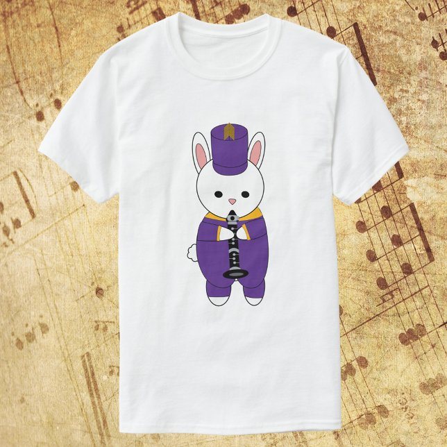 Rabbit Clarinet Marching Band Purple Yellow T-Shirt (A shirt with a rabbit playing the clarinet while wearing a purple & yellow marching band uniform)
