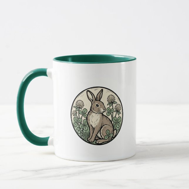 Rabbit Clover Woodcut Art Round Mug (Left)