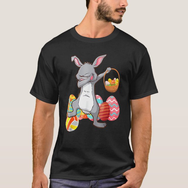 Rabbit Dabbing With Easter Eggs Basket Boys Girls  T-Shirt (Front)