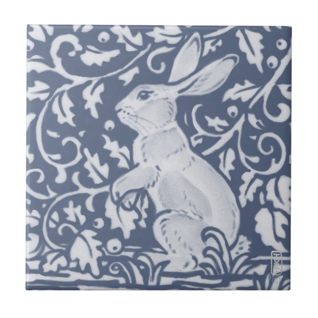Rabbit Denim Blue White Botanical Dedham Delft  Ceramic Tile (Front)