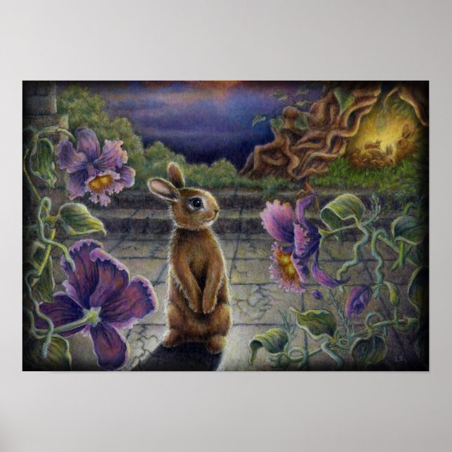 Rabbit Dreams Fantasy Flowers Bunny Painting Poster (Front)
