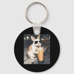 Rabbit Drinking Iced Coffee Funny Easter Bunny Men Key Ring