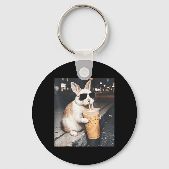 Rabbit Drinking Iced Coffee Funny Easter Bunny Men Key Ring (Front)