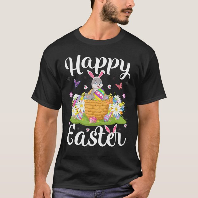 Rabbit Easter Egg Hunting Floral Rabbit Easter Sun T-Shirt (Front)