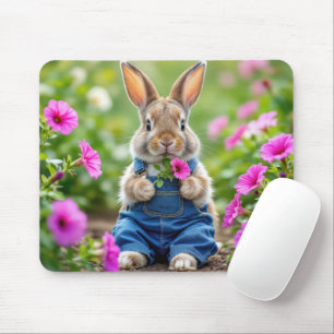 Rabbit Eating Petunia Flowers Mouse Pad
