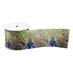 Rabbit Eating Pink Petunia Flowers Satin Ribbon