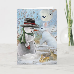 Rabbit Eating Snowman's Nose Holiday Card