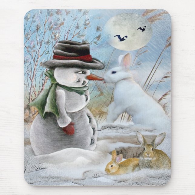 Rabbit Eating Snowman's Nose Mouse Pad (Front)