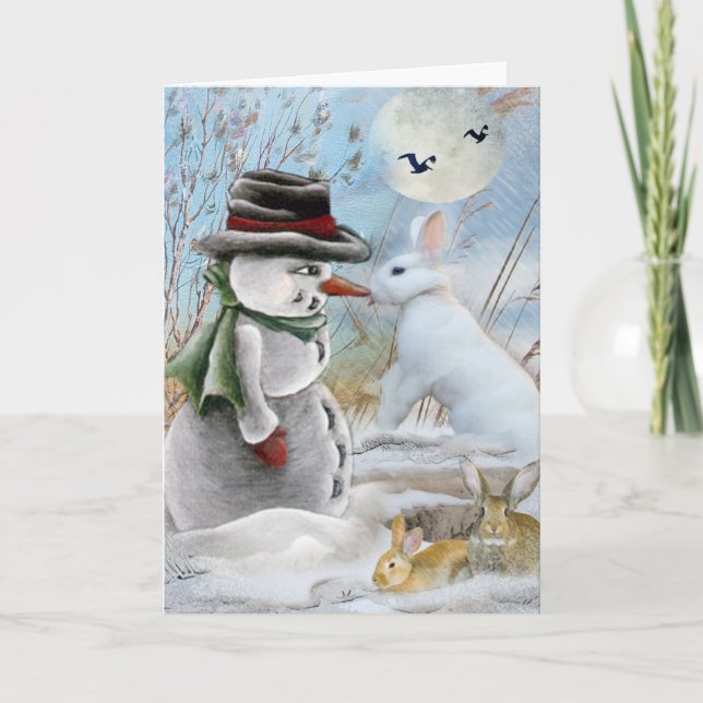 Rabbit Eats Snowman's Nose Holiday Card (Front)