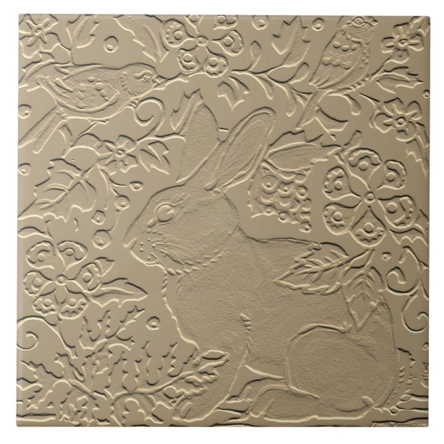 Rabbit Embossed Design Tan Floral Bird Easter Art Ceramic Tile (Front)