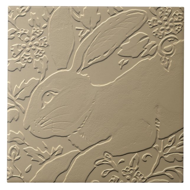 Rabbit Embossed Design Tan Floral Bunny Easter Art Ceramic Tile (Front)