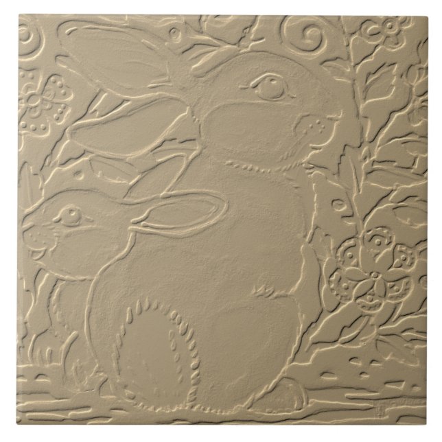 Rabbit Embossed Design Tan Floral Bunny Easter Art Ceramic Tile (Front)