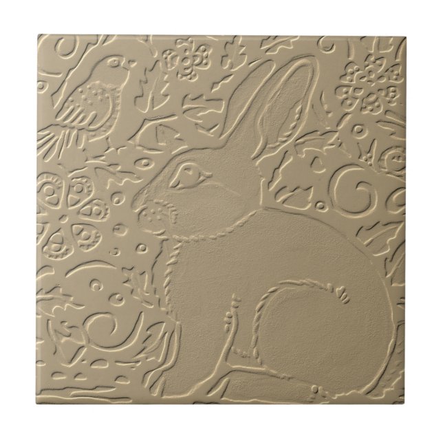 Rabbit Embossed Design Tan Floral Bunny Easter Art Ceramic Tile (Front)