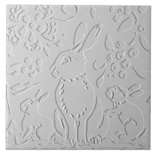 Rabbit Embossed White Grey Woodland Foliage Floral Ceramic Tile