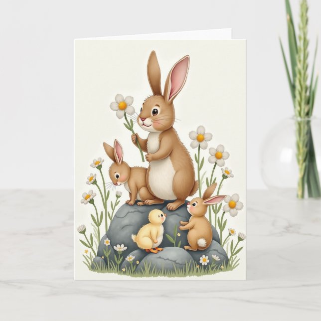 Rabbit Family Springtime Scene Card (Front)