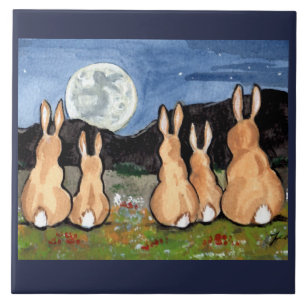 Rabbit Family Watching Moon 6" Tile Trivet