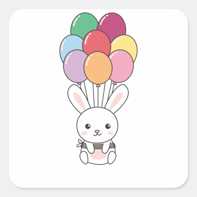 Rabbit Flies Up With Colourful Balloons Square Sticker (Front)