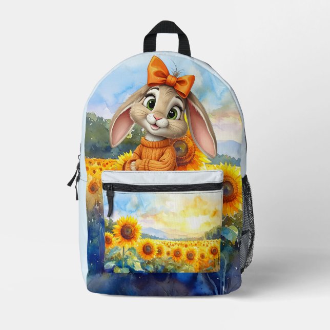 Rabbit floppy ears field of sunflowers printed backpack (Front)