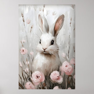 Rabbit Flower Portrait Print, Vintage Farmhouse Poster
