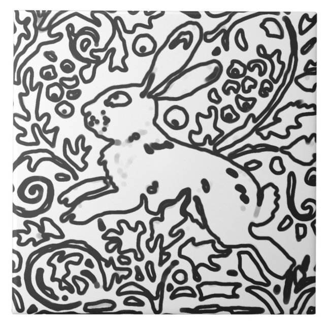 Rabbit Foliage Black White Drawing Woodland Animal Ceramic Tile (Front)