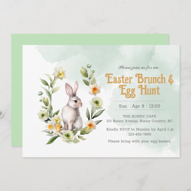 Rabbit Foral Easter Brunch Egg Hunt Invitation (Front/Back)