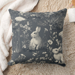 Rabbit Garden Botanical Black Toile Pattern Cushion